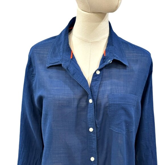 Stylus Semi Sheer Button Down Shirt Size XL Blue Orange Trim Cotton Long Sleeve - Picture 3 of 12